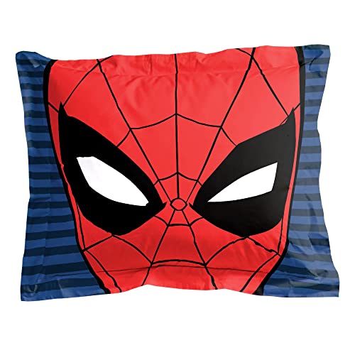 Red Spider-Man mask pillow sham with navy stripes