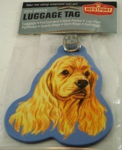 Golden cocker spaniel head luggage tag with a blue edge in its retail bag