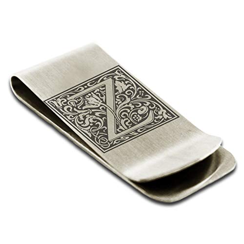 Brushed steel money clip engraved with an ornate initial Z