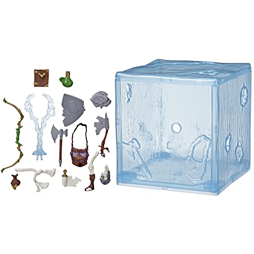 Empty blue cube beside its 14 accessories: bow, axe, bones, potion and book