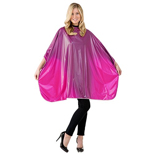 Woman holding out a raspberry pink shampoo cape with a shimmer finish
