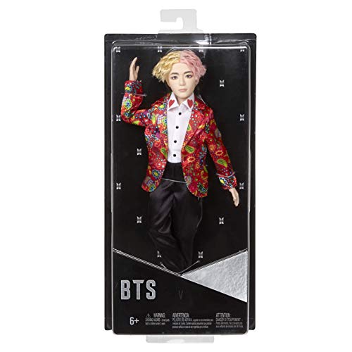 BTS V doll in its black window box packaging, ages 6 and up