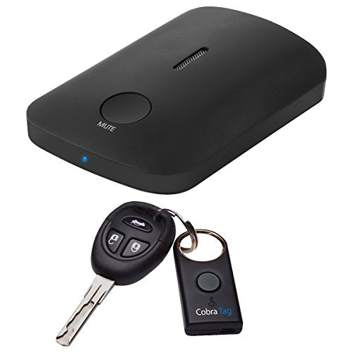 Black Cobra dash unit with mute button and a CobraTag fob on a car key ring