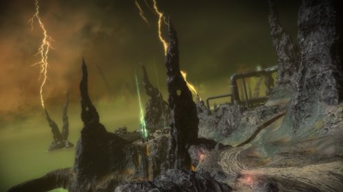 Alien landscape of jagged rock spires under green lightning
