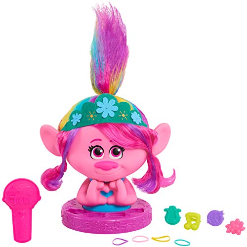 Pink troll styling head with flower headband, microphone brush, clips and bands