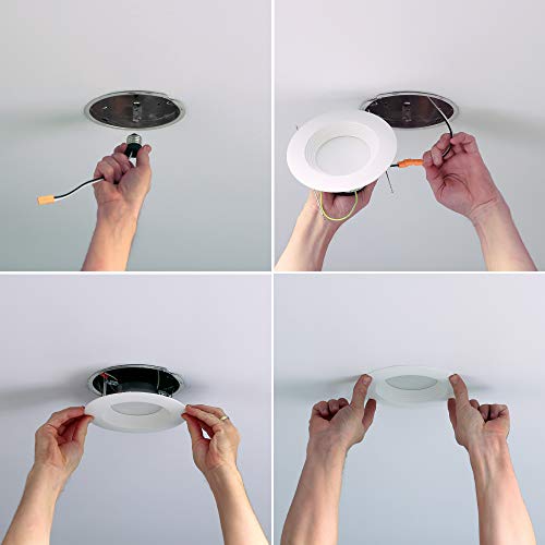 Four-step install: screw in adapter, connect wire, push light up into ceiling can