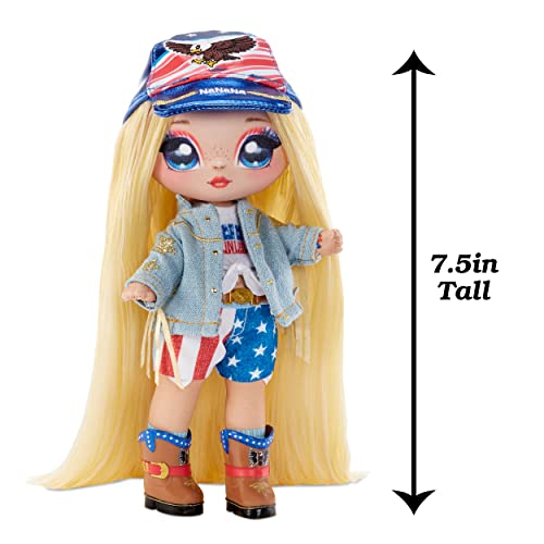 Erika Featherton doll with long blonde hair and cowboy boots, 7.5 inches tall