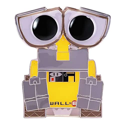 Enamel pin of a little yellow and grey trash compactor robot with big binocular eyes