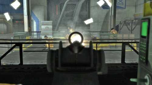 First-person view aiming down iron sights in an industrial hangar
