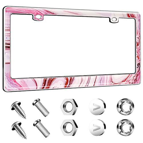 Pink and red marble gel license plate frame with chrome screws, nuts and caps
