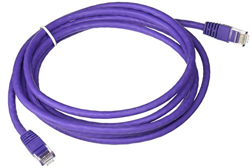 Coiled purple Ethernet patch cable with clear RJ45 plugs on both ends