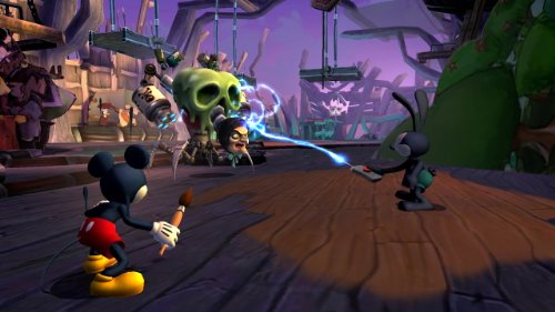 Mickey and Oswald fighting a green skull machine on a dark stage