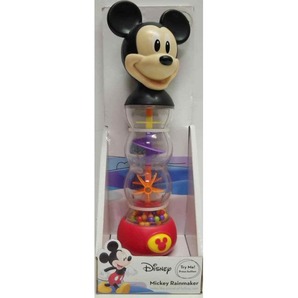 Disney Mickey Rainmaker toy with a Mickey head on a clear bead tube, boxed