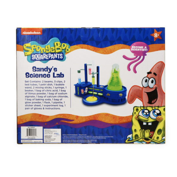 Back of the Sandy's Science Lab box with contents list, Patrick and SpongeBob