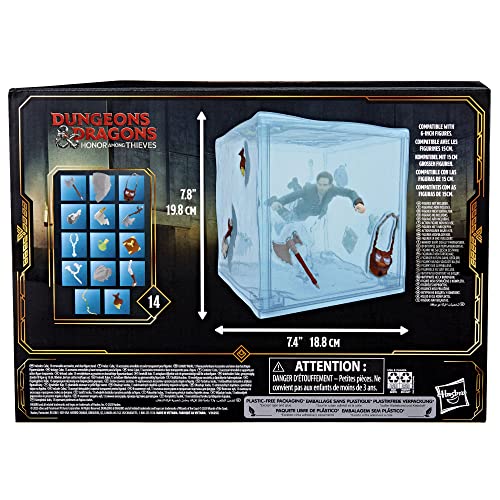 Back of the box: cube is 7.8 by 7.4 inches, fits 6 inch figures