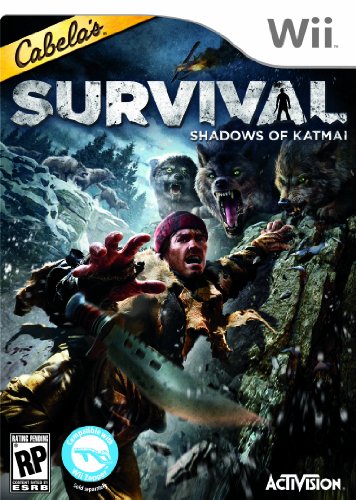 Wii game cover with a climber holding a knife fighting off wolves