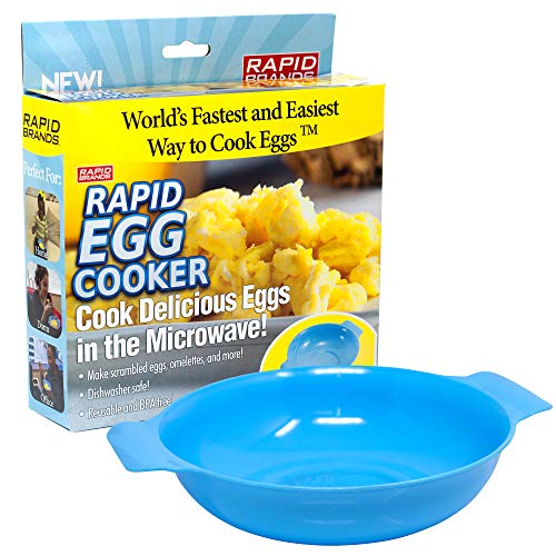 Blue Rapid Egg Cooker microwave bowl in front of its box with scrambled eggs