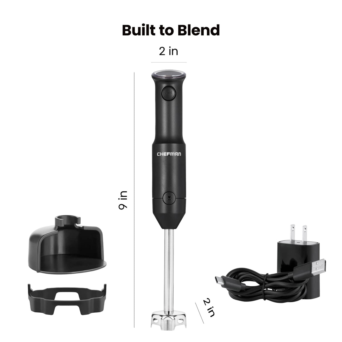 Immersion blender with pot protector, blade guard and USB-C charger, 9 inches tall