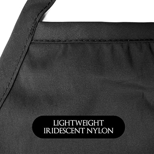 Close-up of the black apron's lightweight iridescent nylon bib