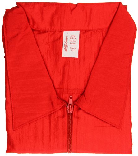 Folded red nylon barber jacket with zip front and pointed collar