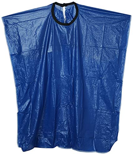 Royal blue vinyl shampoo cape with a black neckband, laid flat
