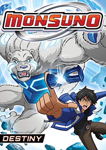 Monsuno Destiny cover with a white bear beast and a boy pointing forward