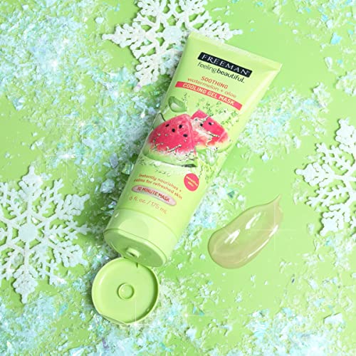 Open Freeman watermelon gel mask tube with a gel swatch among paper snowflakes