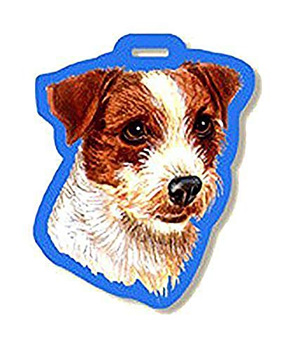 Luggage tag shaped like a rough coat Jack Russell head with a blue edge