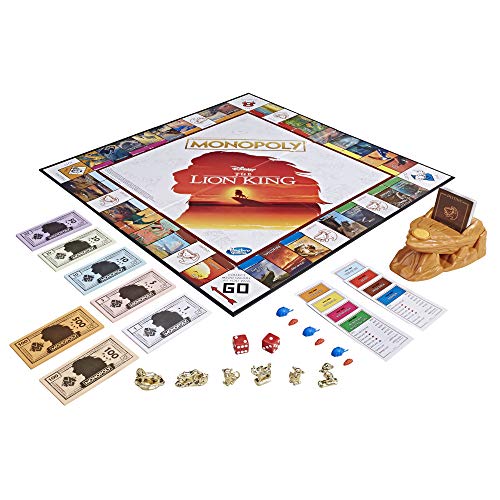 Monopoly The Lion King board with money, title deeds, houses and Pride Rock holder