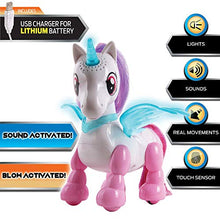 Load image into Gallery viewer, NKOK USB PetBotz - Robo Unicorn, Rechargeable, Miniature, Interactive pet Robot, Lights up, Sound Activated, Makes Noises on Command, Comes with Necklace and Hair Brush, USB Charger Included
