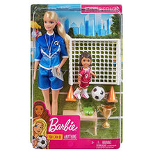 Load image into Gallery viewer, Barbie Soccer Coach Playset with Blonde Soccer Coach Doll, Student Doll and Accessories: Soccer Ball, Clipboard, Goal Net, Cones, Bench and More for Ages 3 and Up
