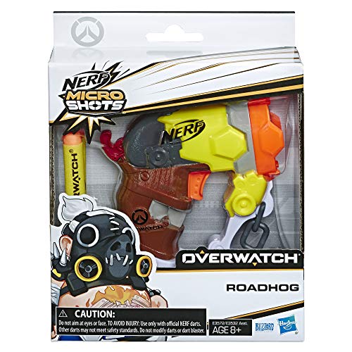 Nerf MicroShots Overwatch Roadhog blaster in its package with Roadhog's mask