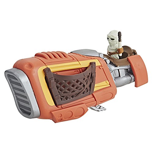 Tiny Rey figure seated on the orange and grey speeder bike with cargo net