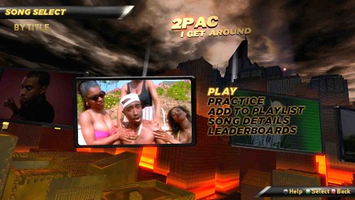 Song select menu with play, practice, add to playlist and leaderboards