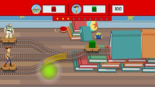 Toy train game with Buzz and Woody on carts and switching tracks