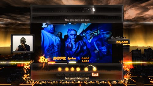 Duet score screen with a music video of a group on a city street