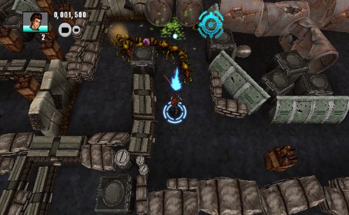 Hero shooting a centipede segment between stone walls and crates
