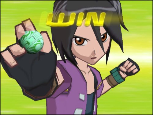 Win screen of a dark-haired brawler in purple holding up a green ball