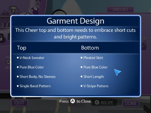 Garment design brief listing a blue cheer top and pleated skirt