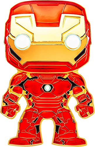 Enamel pin of a red and gold armored hero with glowing eyes and chest light