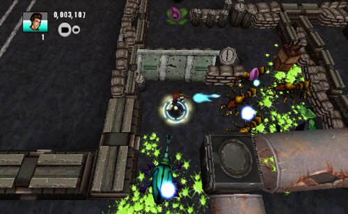 Hero fighting beetles and scorpions among sandbag walls