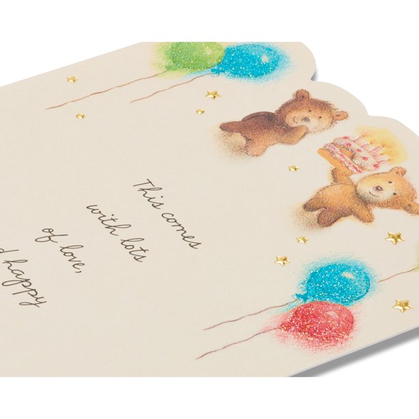 Close-up of the glitter balloons and bears with cake on the birthday card