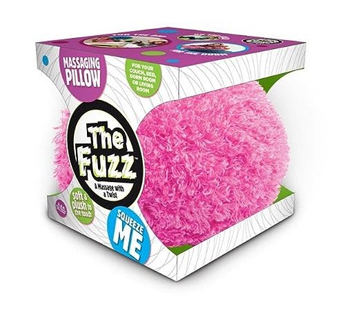 Pink fuzzy round massaging pillow in its open display box