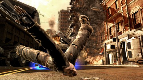 Hero flipping through the air on a city street with fire behind