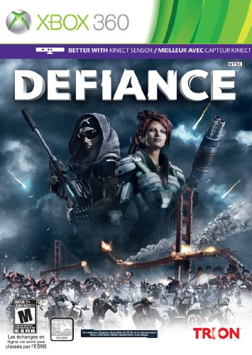 Defiance Xbox 360 case with two armed fighters above the Golden Gate Bridge under attack