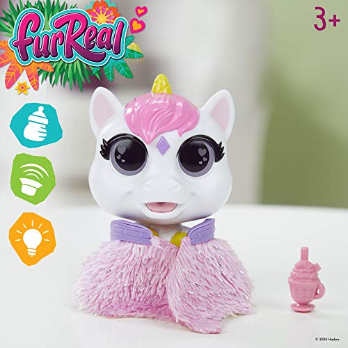 FurReal Airina unicorn with fluffy pink wings folded and a pink milkshake accessory