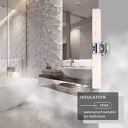 Opal tube sconce by a bathroom mirror with an IP44 waterproof callout