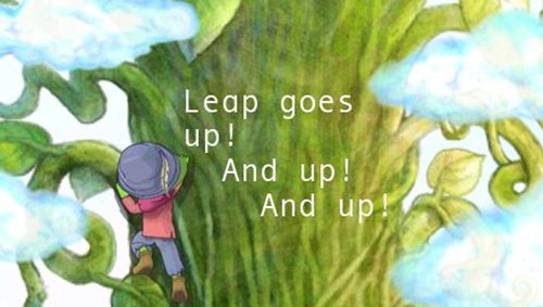Story page of a frog climbing a giant beanstalk: Leap goes up