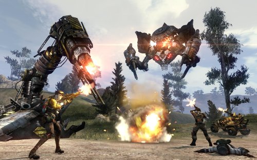 Defiance gameplay: players fighting a giant walker mech and flying drones in a meadow