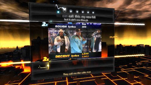 Rap game screen with lyric scores over a music video of performers